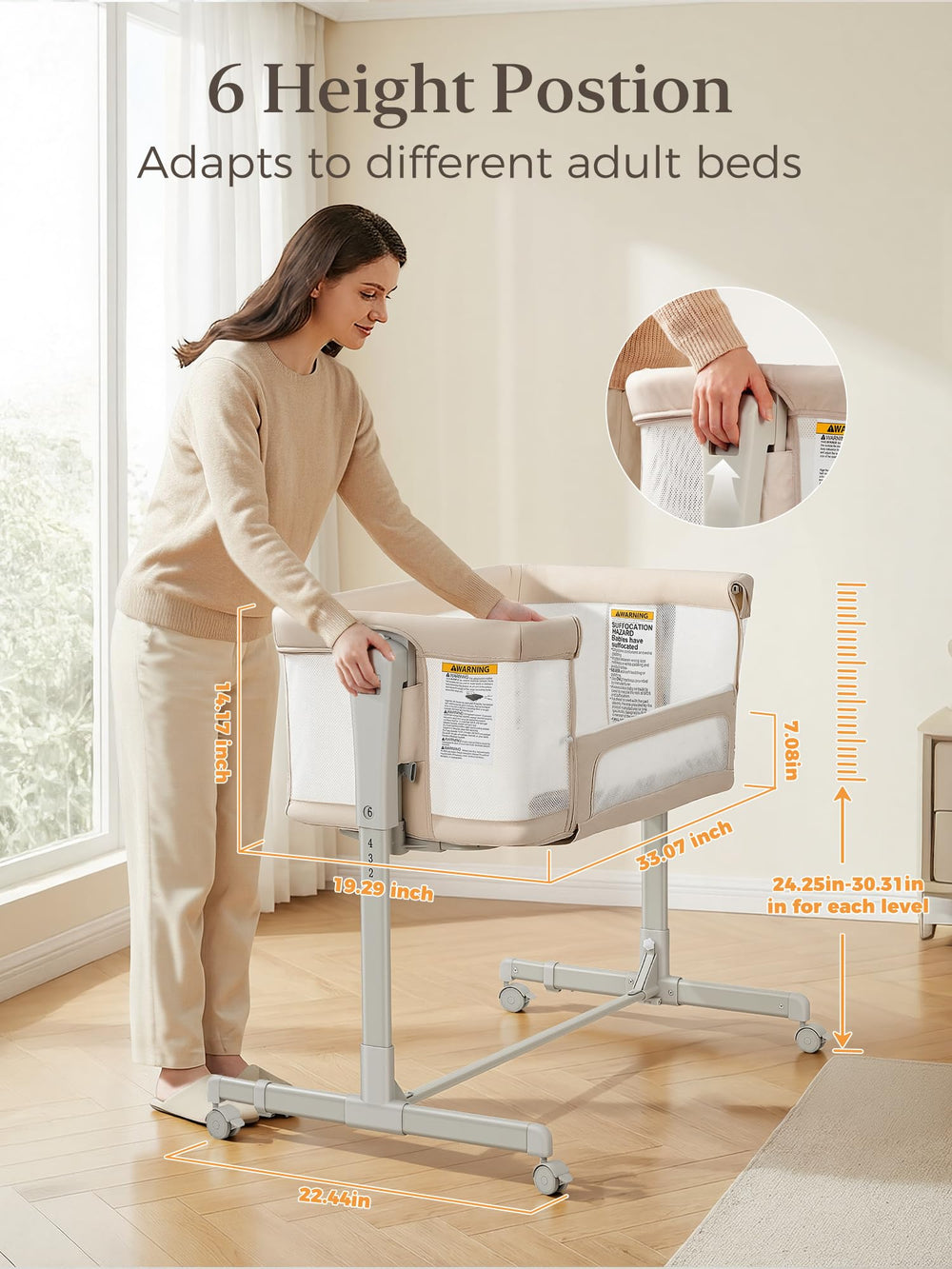 ONTHEWEI bassinet side-access view enabling easy reach for night feeding