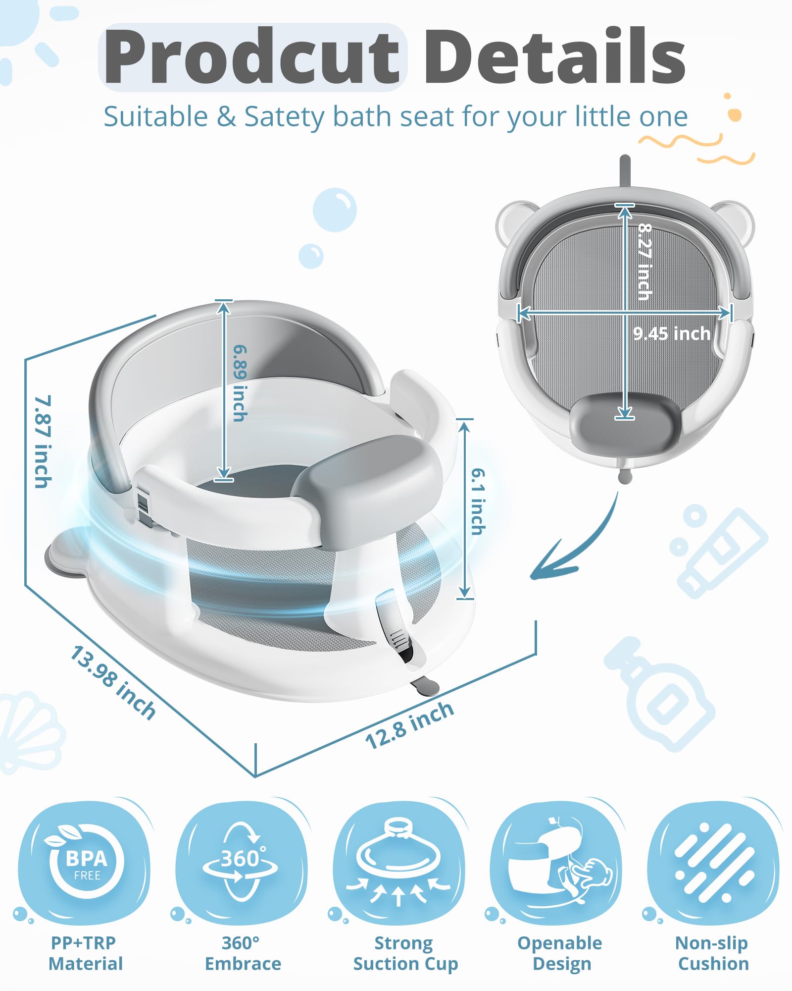 ONTHEWEI ergonomic bath seat shows wrap-around armrests for comfortable sitting.
