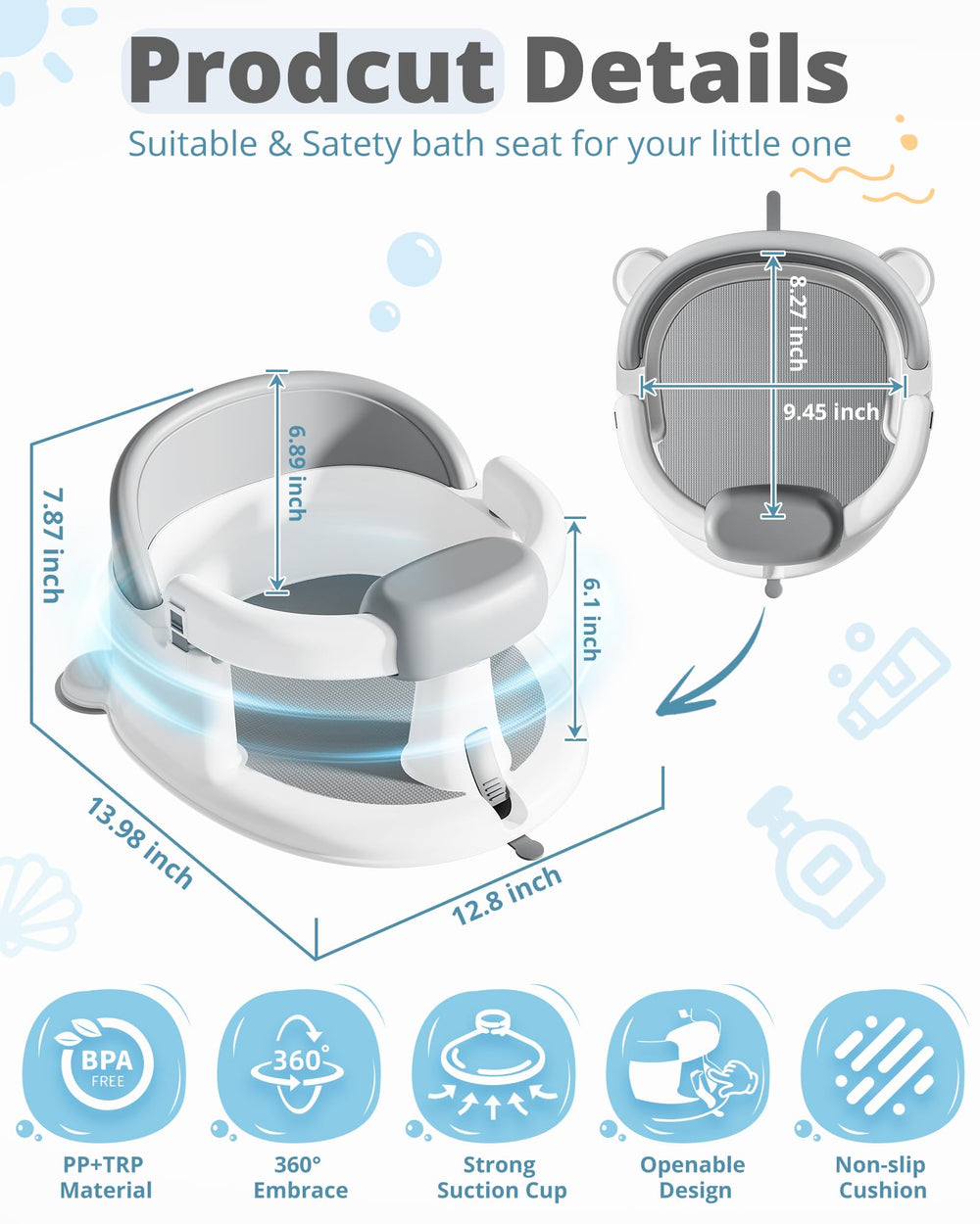 ONTHEWEI ergonomic bath seat shows wrap-around armrests for comfortable sitting.