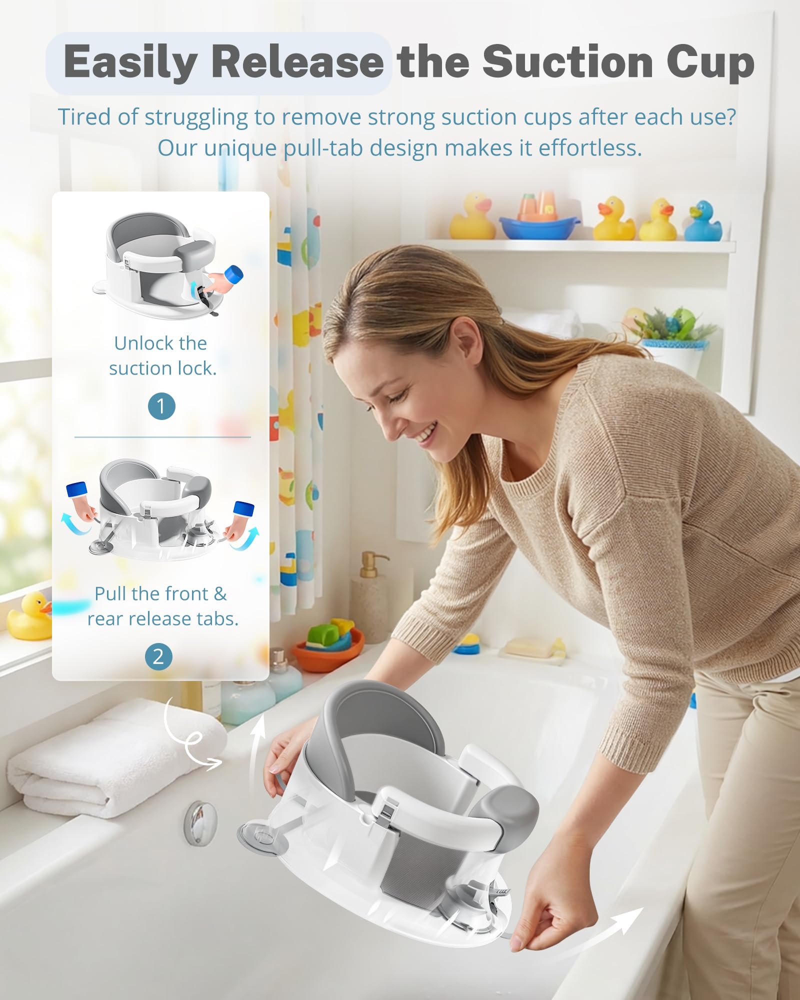 ONTHEWEI grey bath seat on smooth tub surface designed for safe bathing.