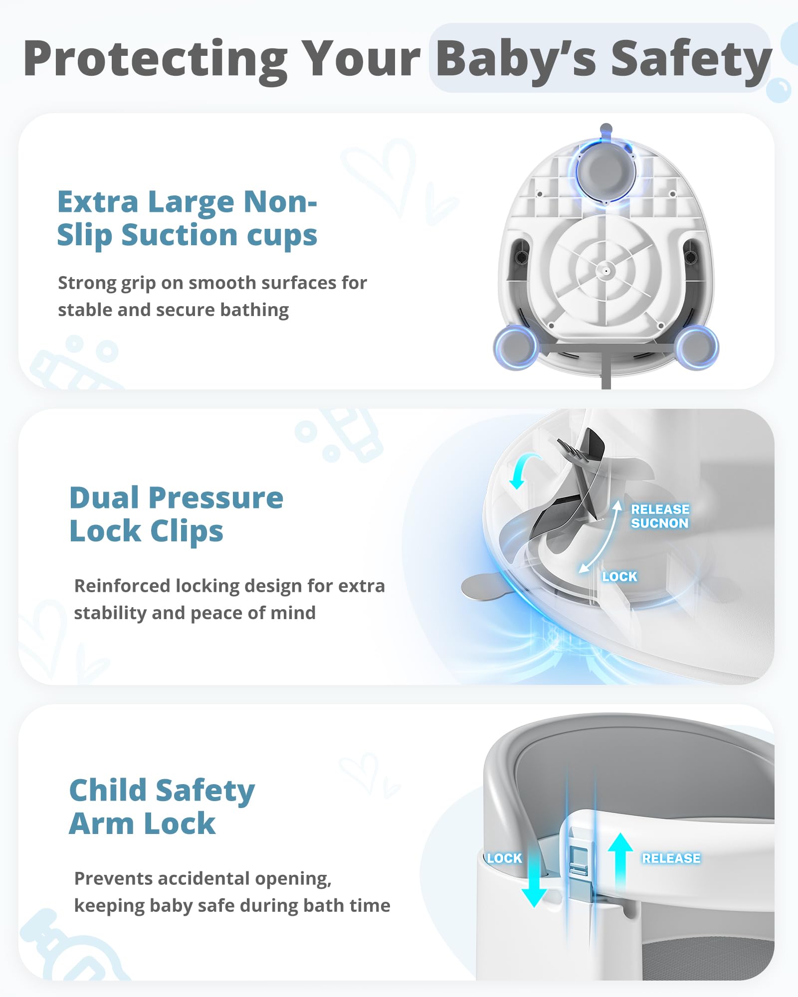 ONTHEWEI bath seat with soft-padding and rounded edges for skin-friendly baths.