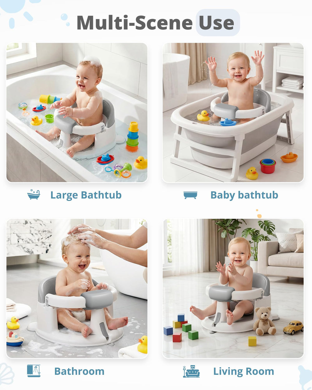 ONTHEWEI baby bath seat in use with baby seated safely in tub.