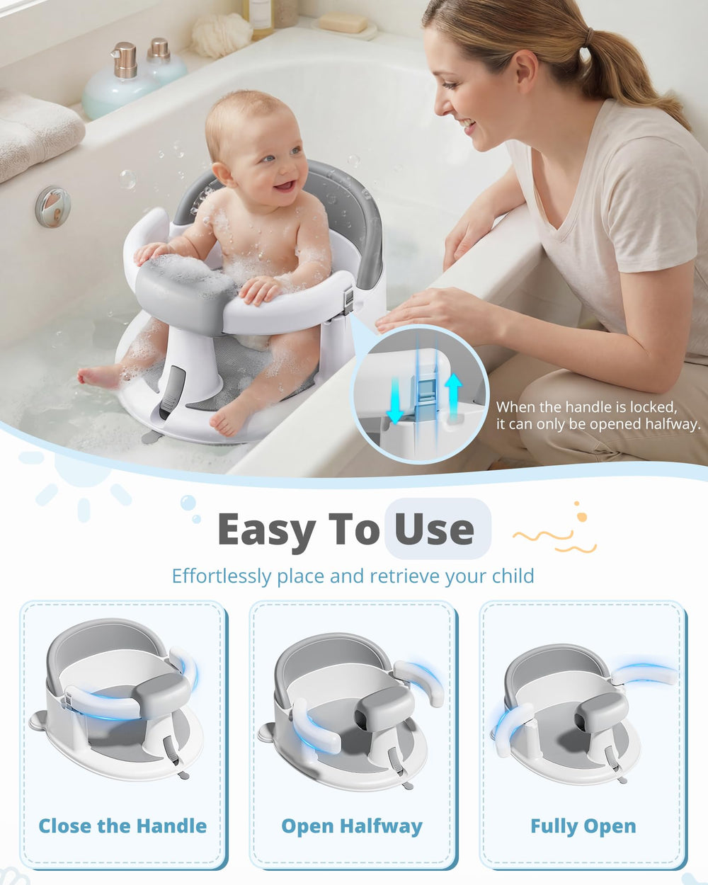 ONTHEWEI bath seat features pull-handle for easy suction release during bathtime.