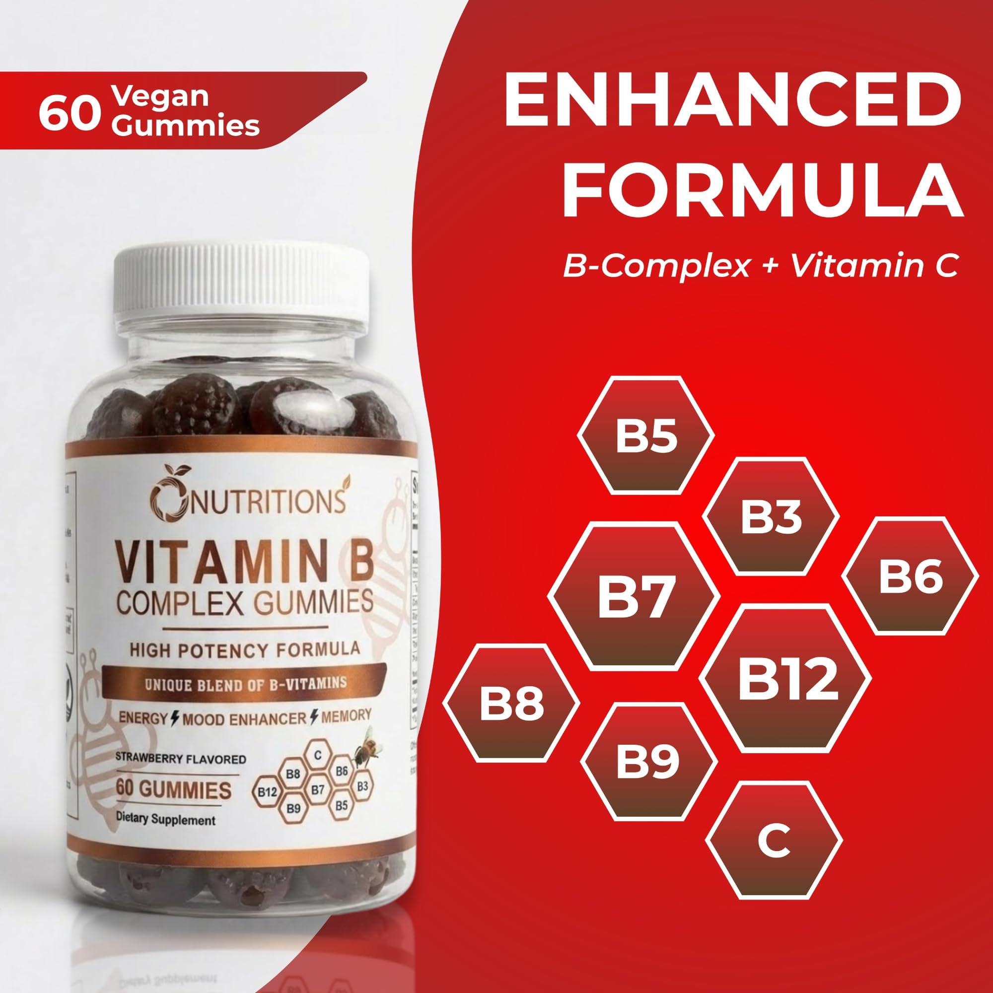 O NUTRITIONS Strawberry gummy texture seen as a convenient daily energy boost.
