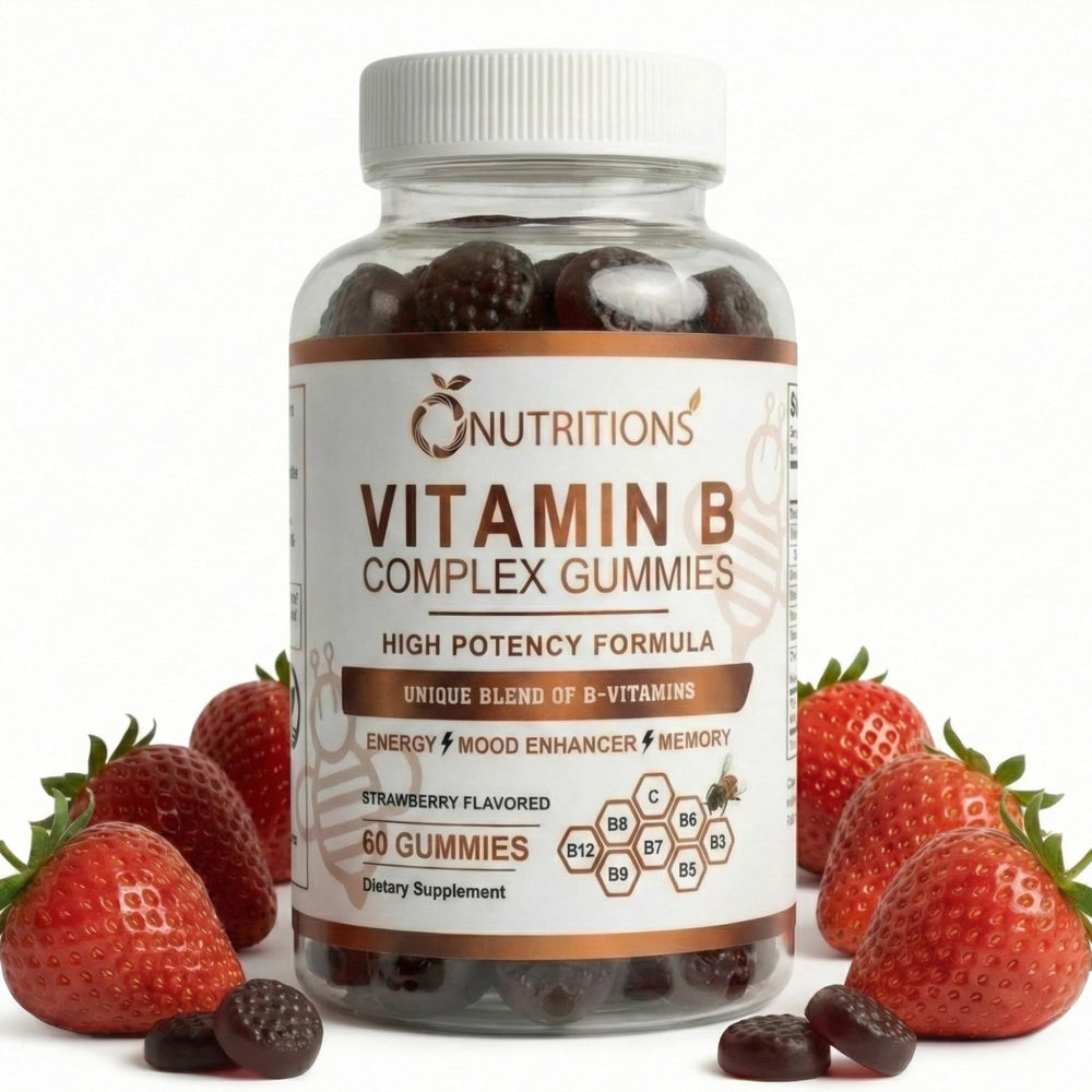 O NUTRITIONS Vitamin B Complex Gummies bottle with strawberry flavor for daily energy.