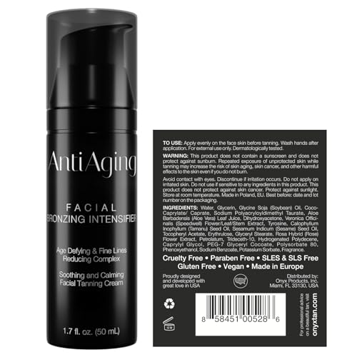 Onyx anti-aging face tanning lotion closeup highlights creamy texture for quick absorption.