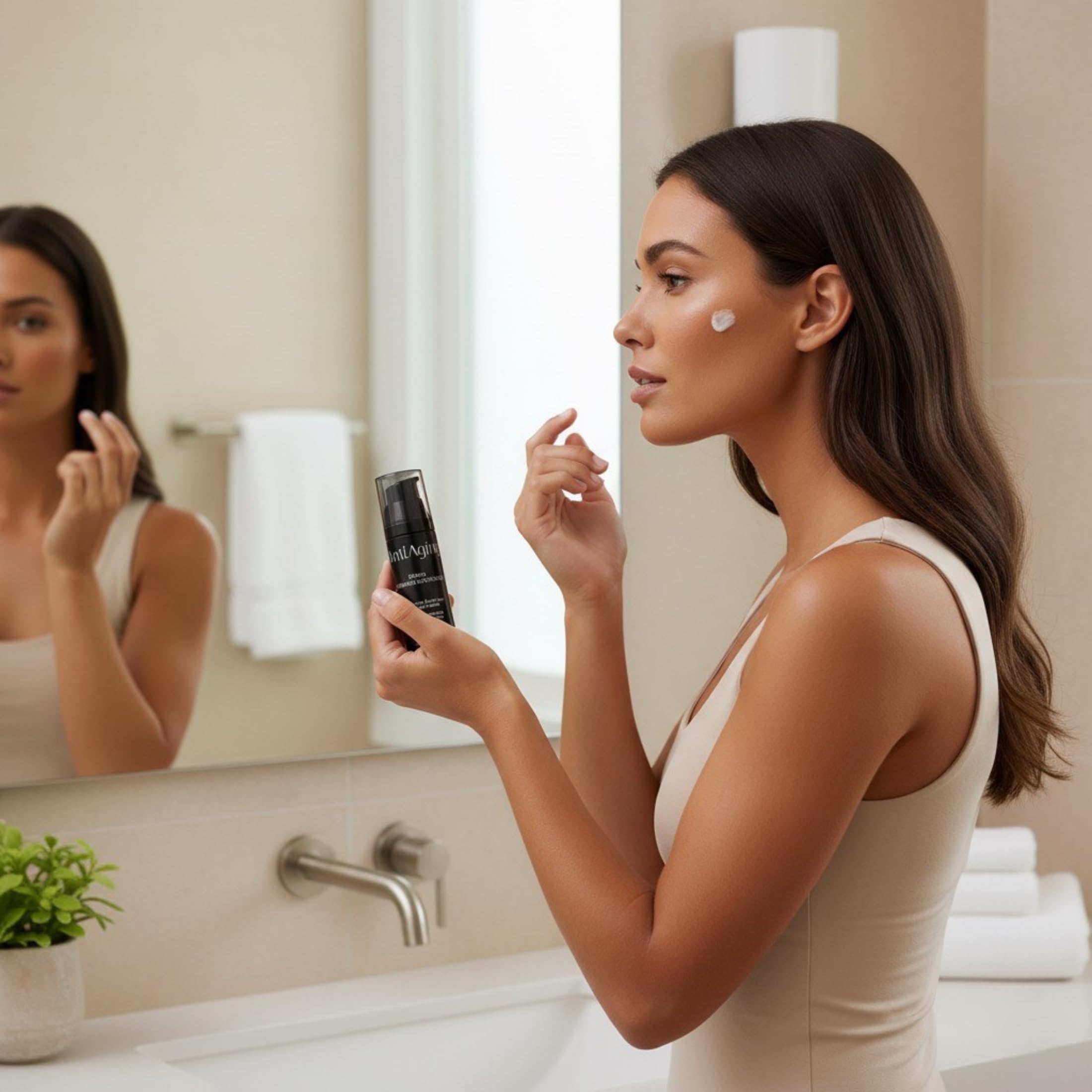 Onyx anti-aging lotion with pump display hints controlled, mess-free use.