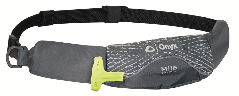 Onyx M-16 belt pack front view, slim buoyancy for hands-free boating.