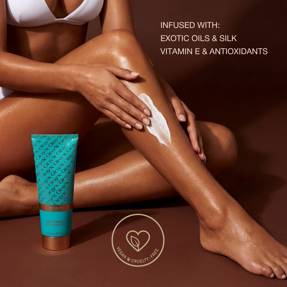 Onyx Strongest Dark Tanning Accelerator Lotion ideal for indoor-outdoor use in sun exposure.