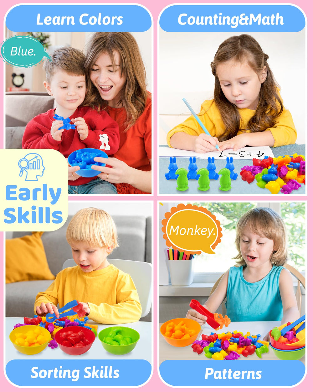Oomloid tweezers enable precise counting and fine motor practice.