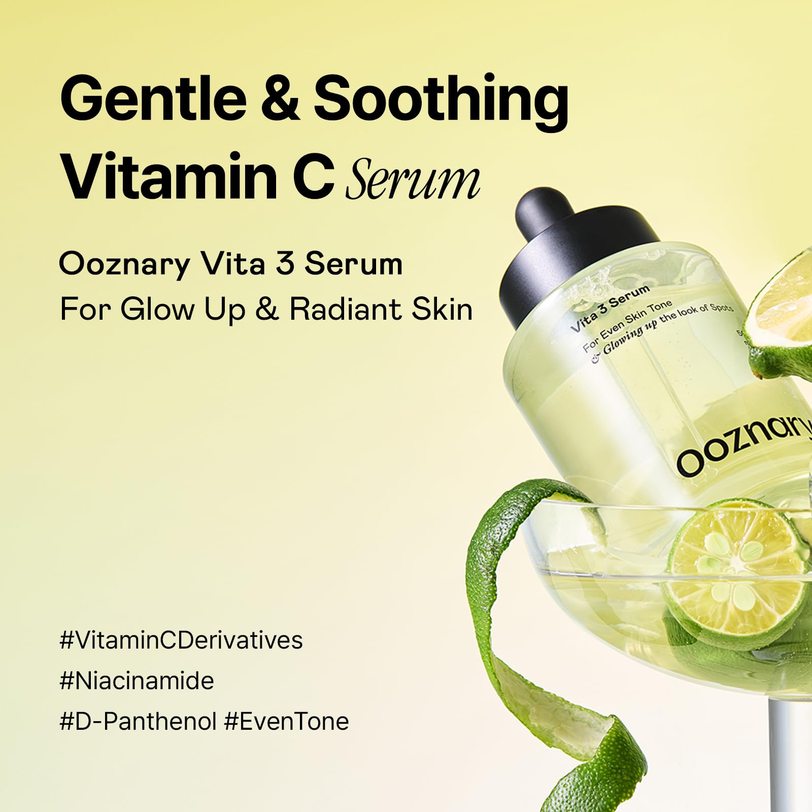 Close-up of OOZNARY Vita 3 Serum bottle showing a lightweight, fast-absorbing texture.