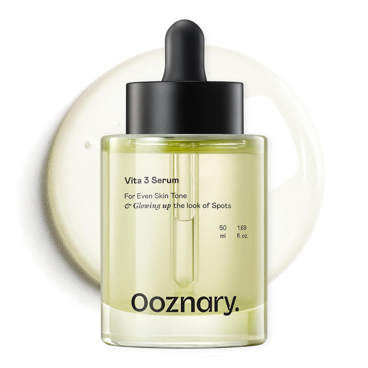 OOZNARY Vita 3 Serum bottle pouring a stable vitamin C solution for brightening.