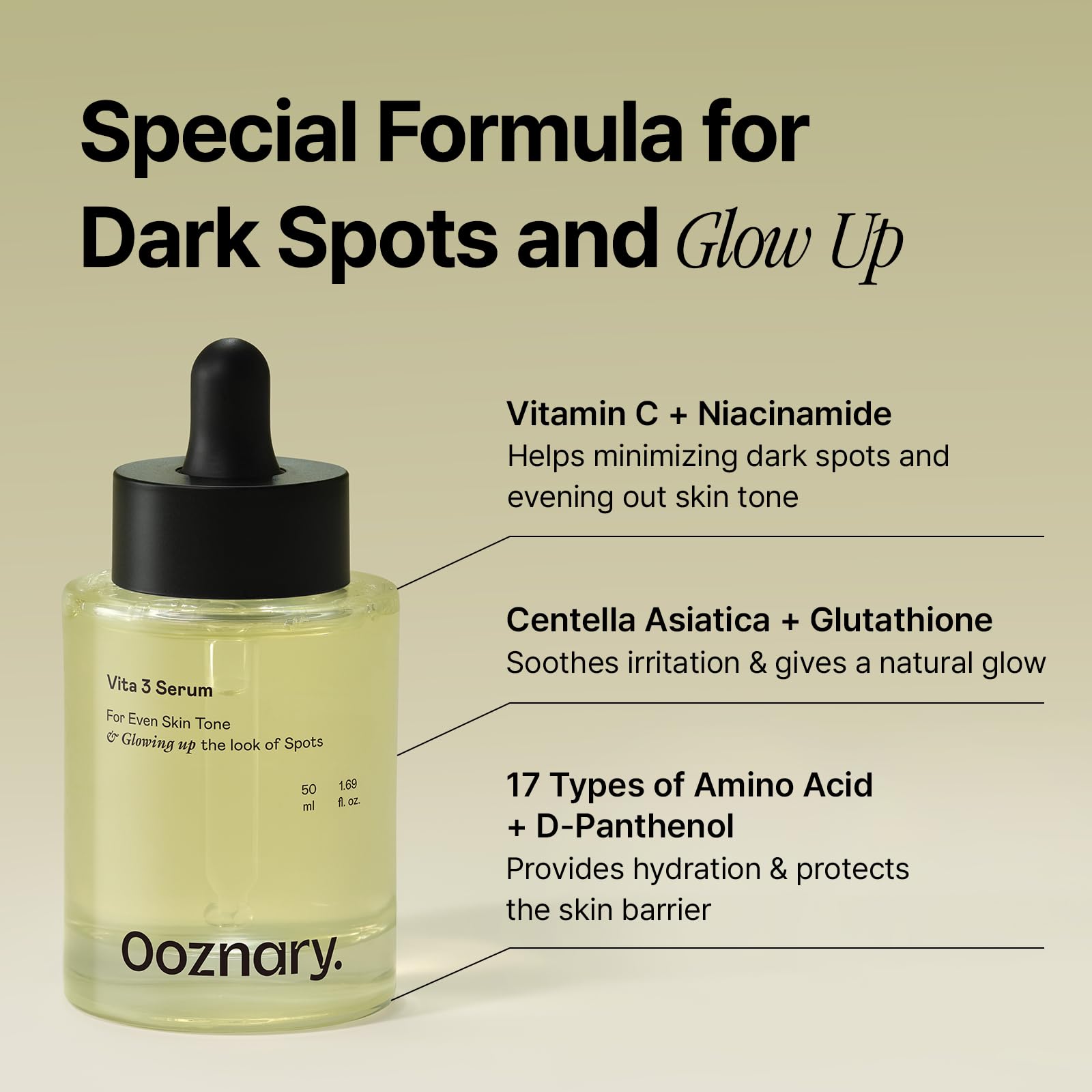 OOZNARY Vita 3 Serum droplets on skin hydrate for a smooth finish.