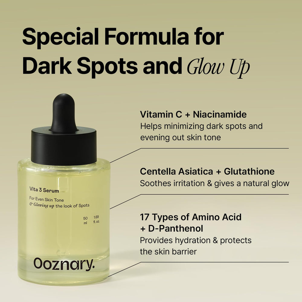 OOZNARY Vita 3 Serum droplets on skin hydrate for a smooth finish.