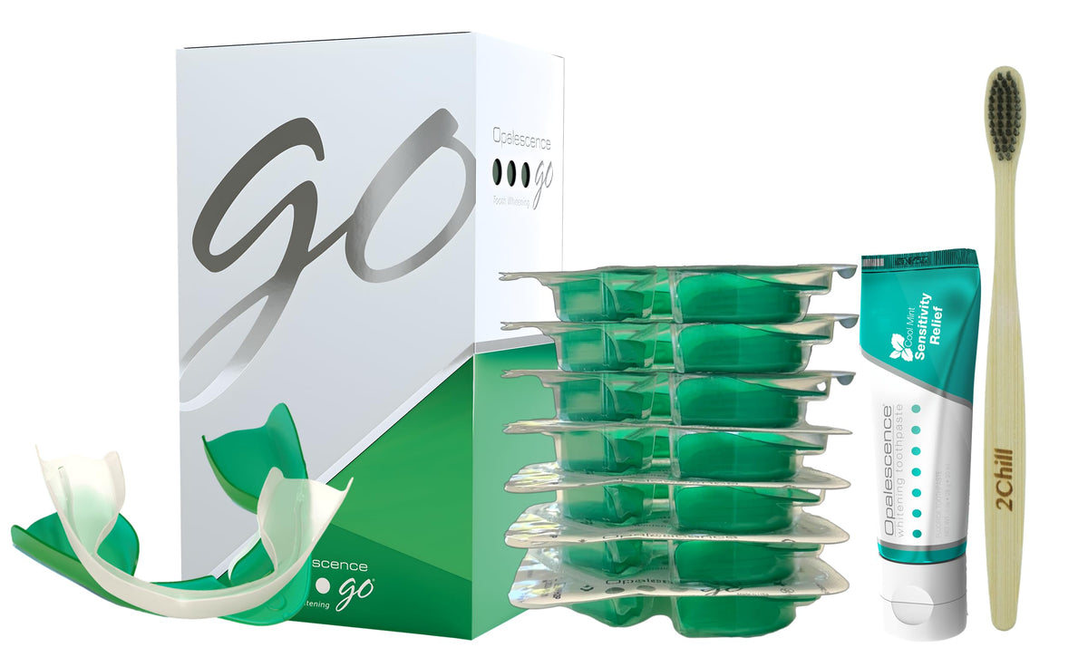 Opalescence Go 15 trays close-up, prefilled whitening trays for seven treatments.