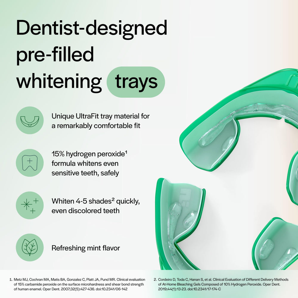 Prefilled whitening trays for top and bottom teeth ensuring uniform coverage.