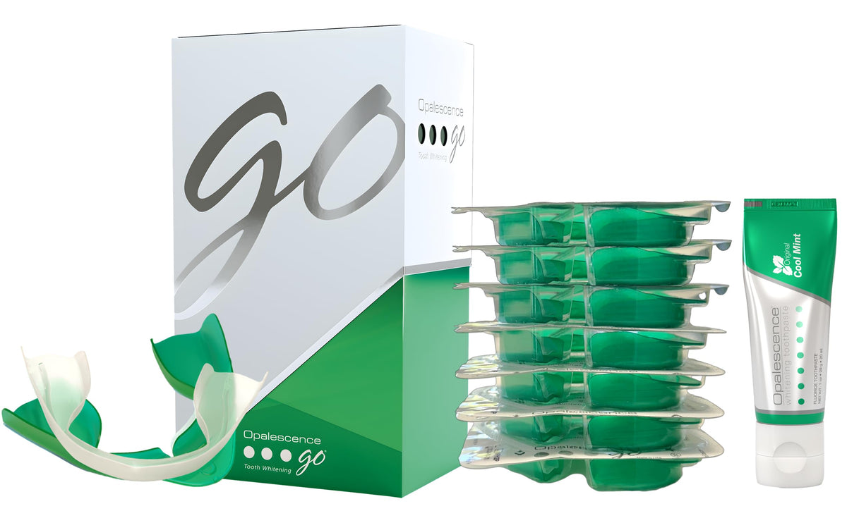 Opalescence GO box shows ready-to-use trays for seven at-home whitening sessions.