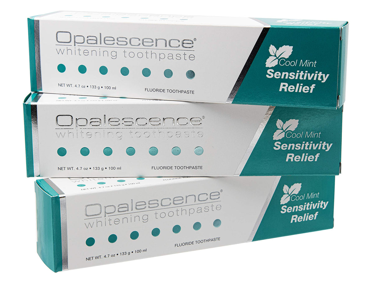 Opalescence Sensitive toothpaste front-pack displays gentle whitening and stain removal.