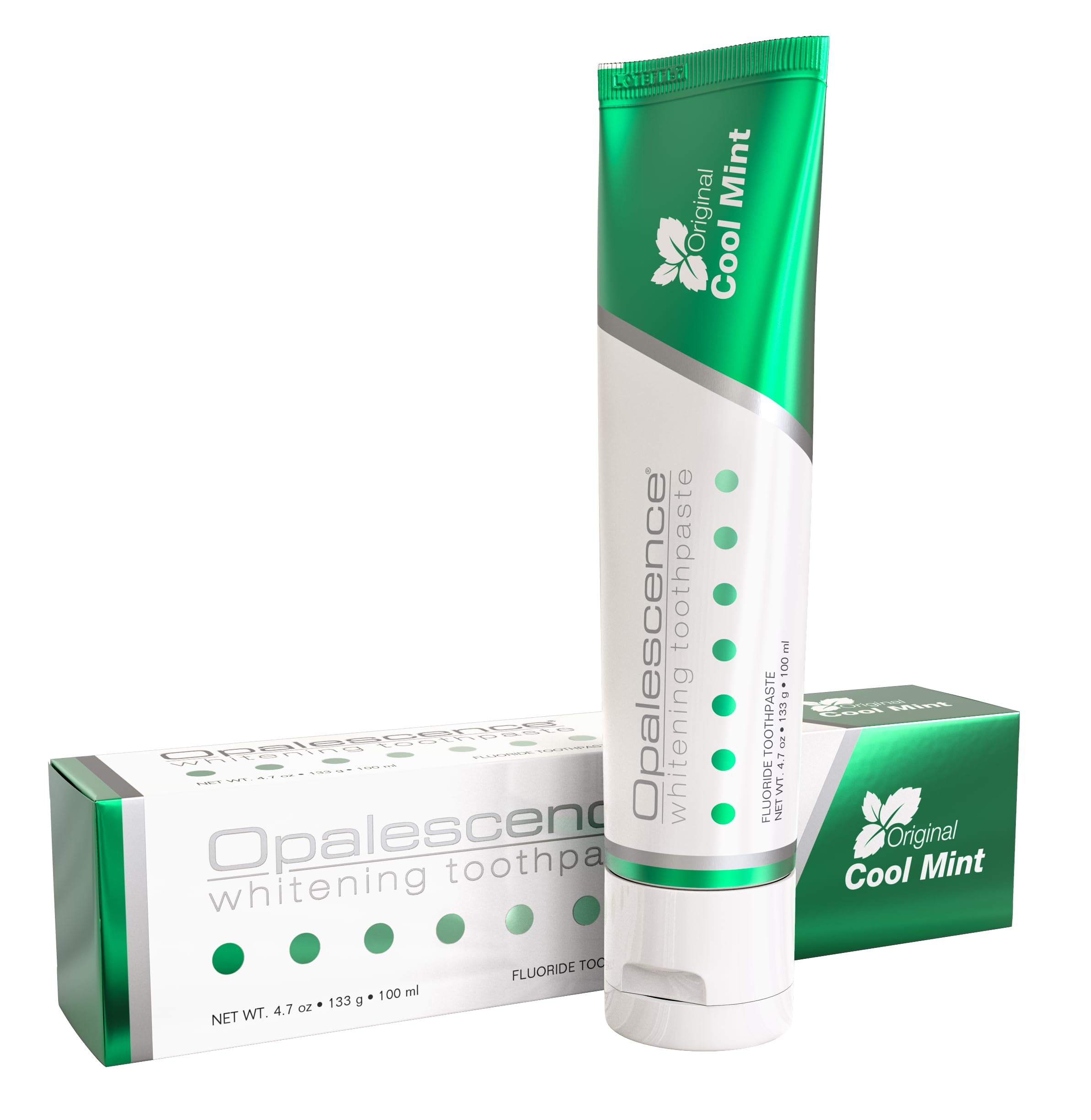Opalescence toothpaste Cool Mint tube close-up emphasizes fluoride protection and whitening potential