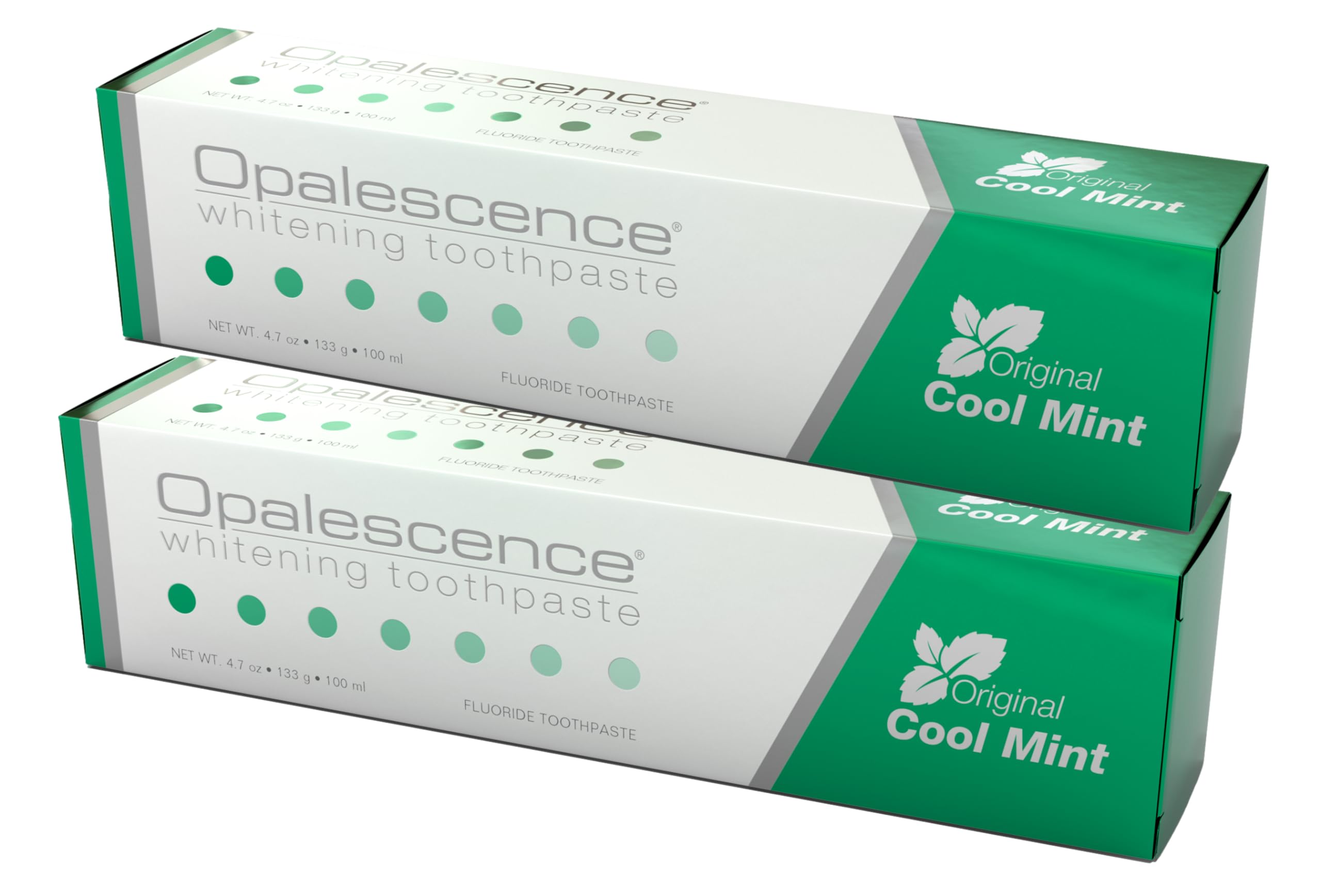 Opalescence toothpaste pack2 cool mint label highlights gluten-free formula for daily care.