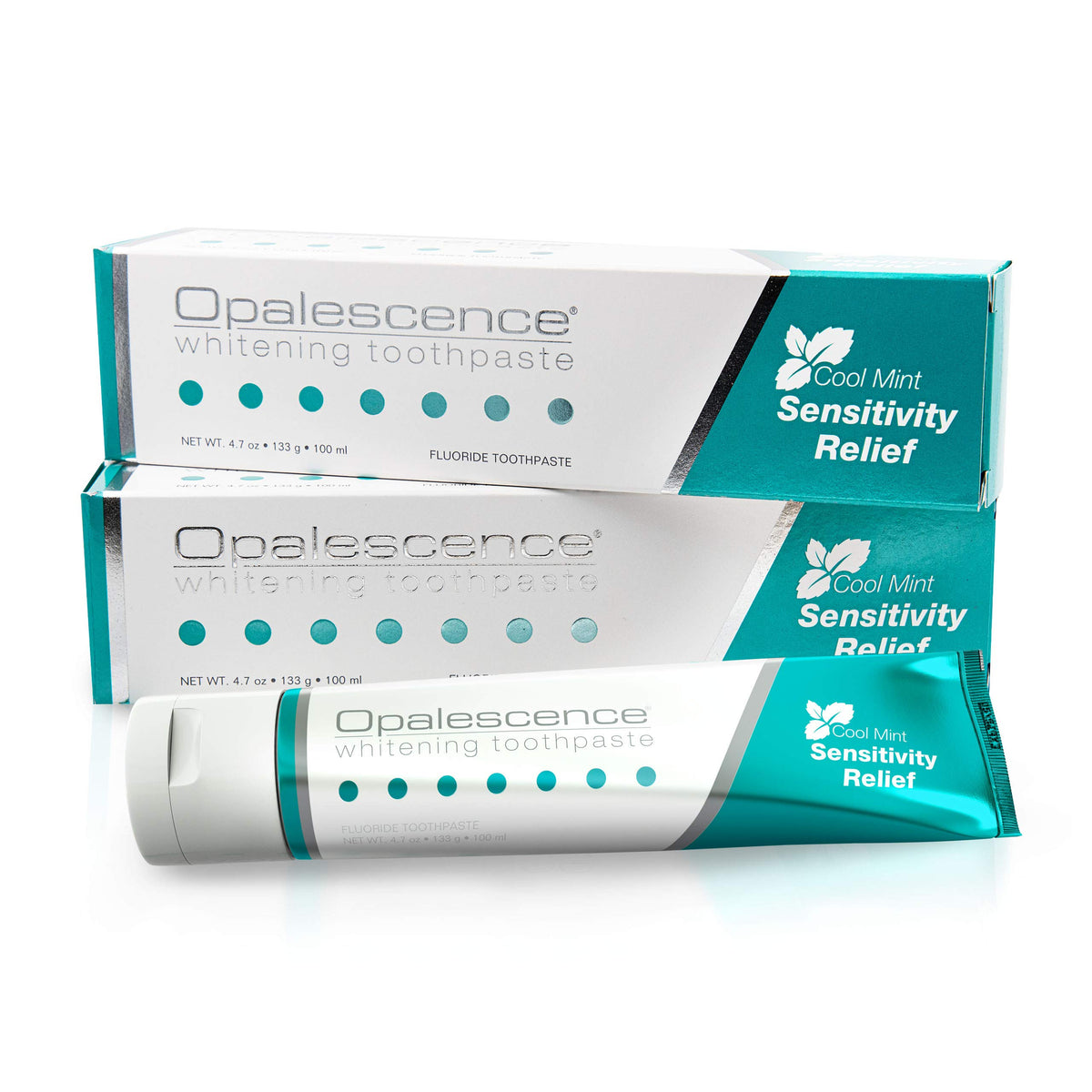 Opalescence toothpaste mint tube, showcasing sensitivity-relief formula for daily use