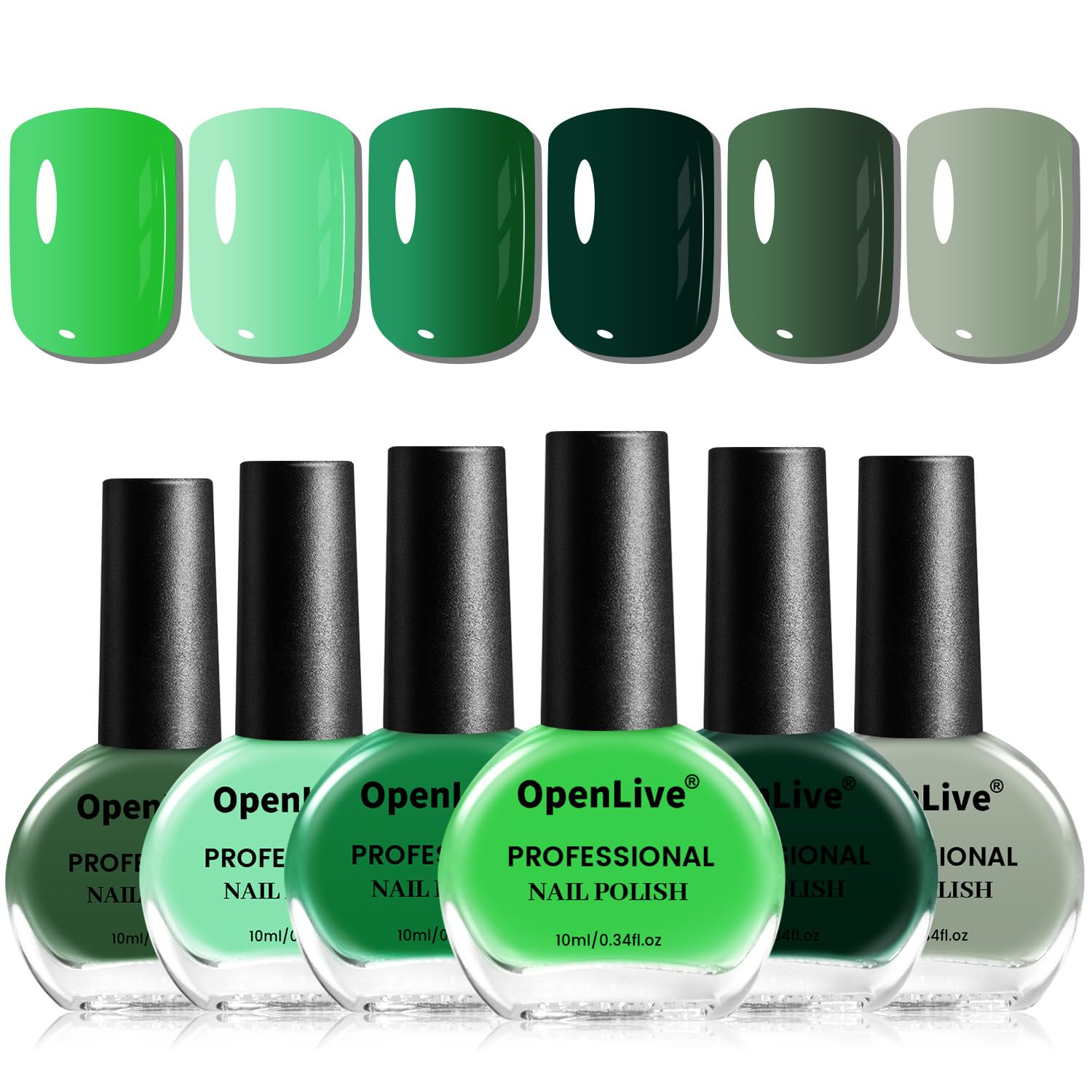 OpenLive Green Nail Polish 6Pcs set packaging highlights eco-friendly design.