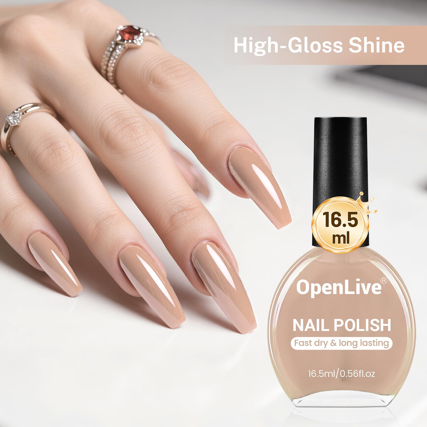 OpenLive nude pink polish displayed with high gloss shine for a vibrant look.
