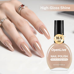 OpenLive nude pink polish displayed with high gloss shine for a vibrant look.