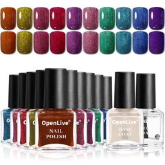 OpenLive reflective nail polish set with 12 glitter shades for dazzling manicures.