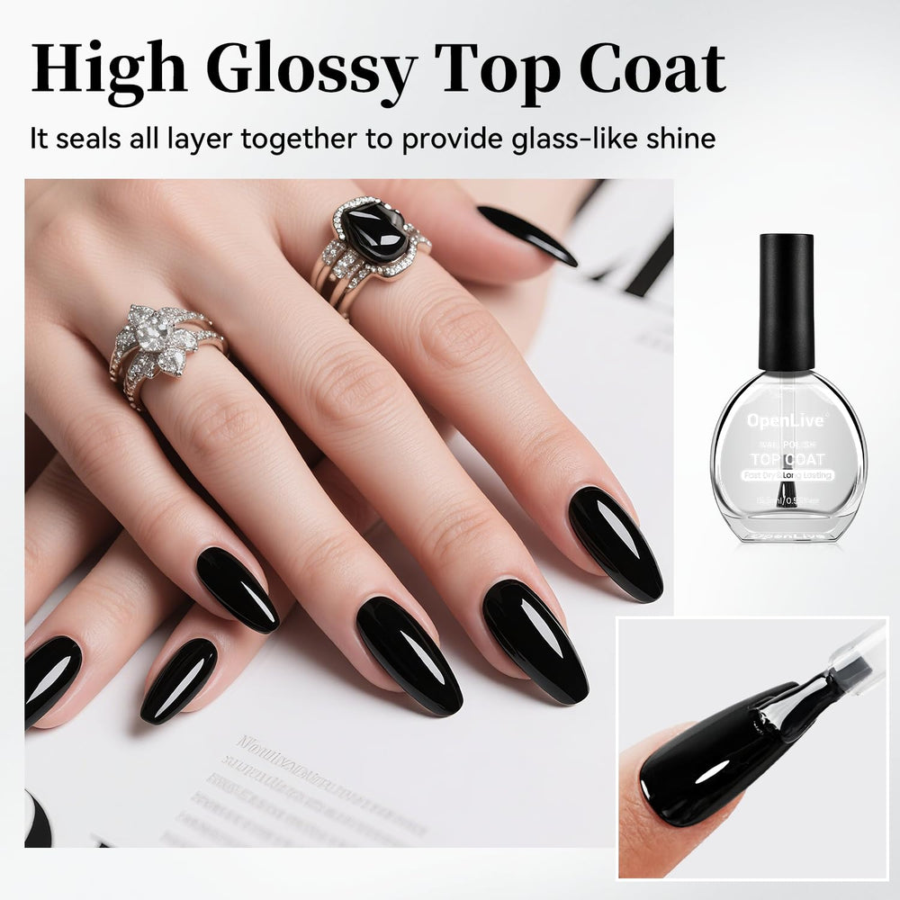OpenLive Top Coat high-gloss swatch showcases long-wear protection and luminous finish.