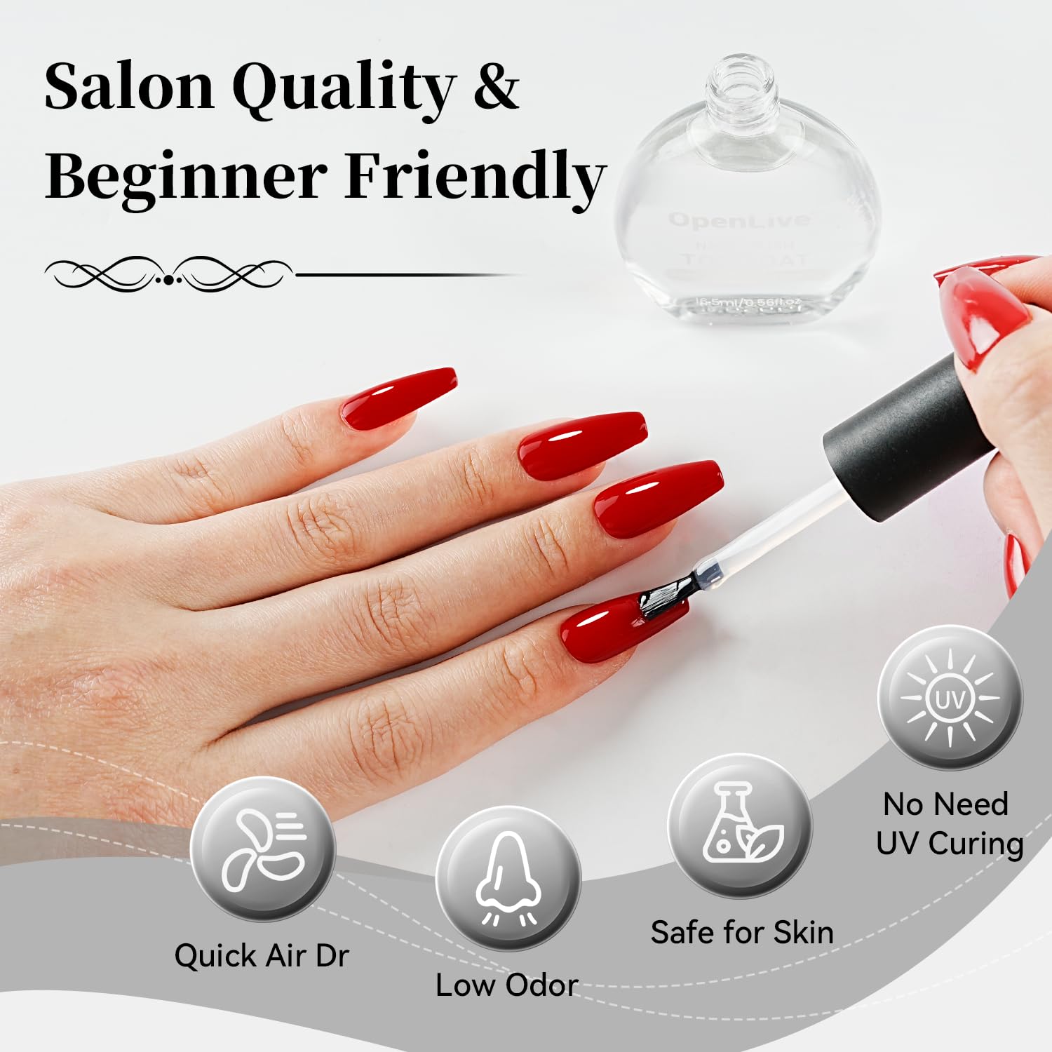 OpenLive Top Coat compatibility with various polishes for effortless shade changes.
