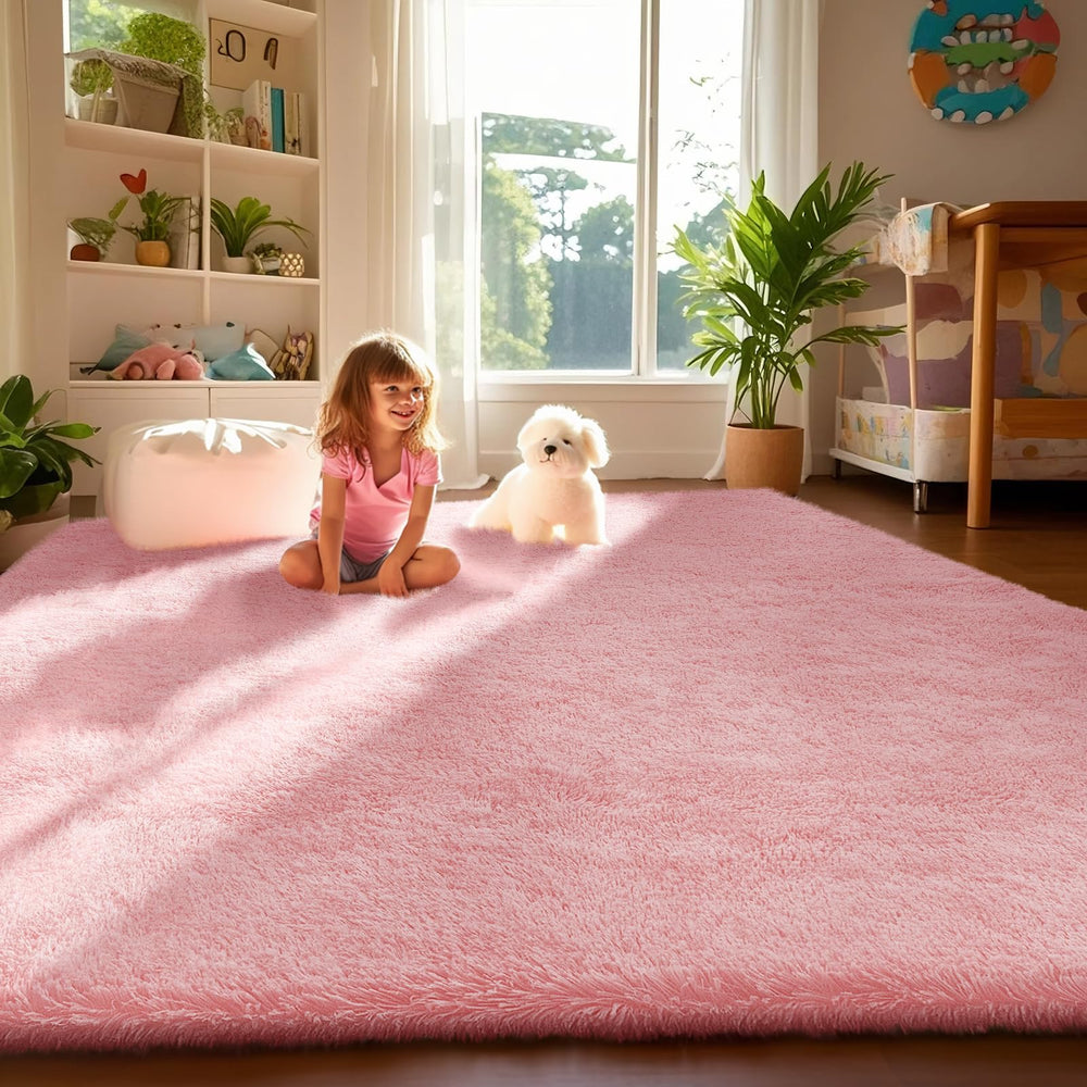 Ophanie pink rug for bedroom, fluffy 4x6 area, soft underfoot for kids.