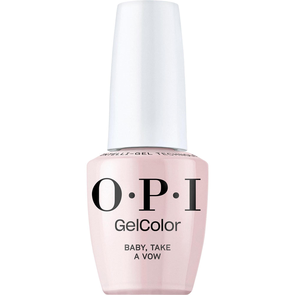 OPI GelColor Baby Take a Vow bottle close-up shows sheer pink crème for lasting shine.