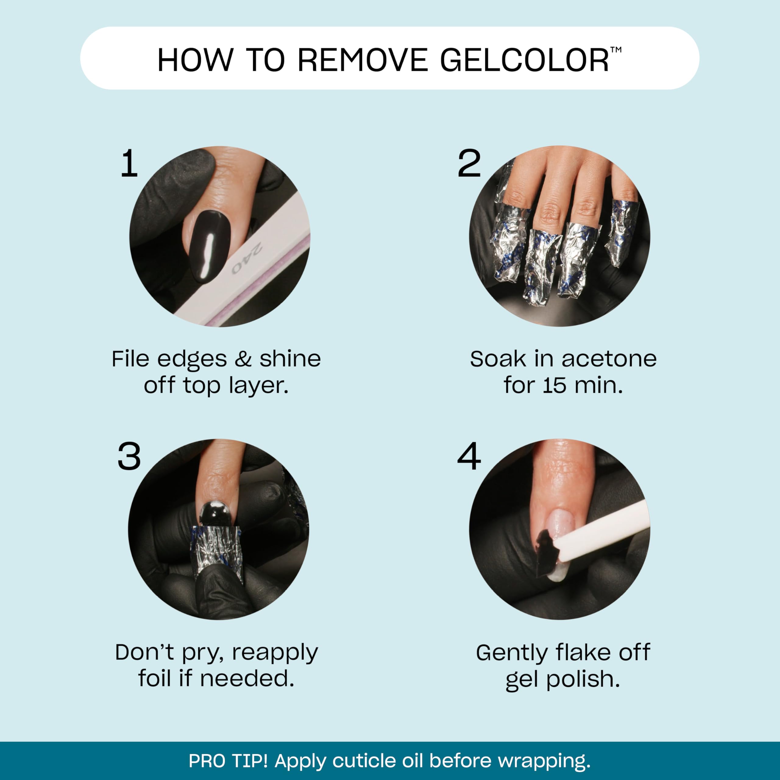 OPI GelColor Baby Take a Vow removal swatch shows easy soak-off in minutes.