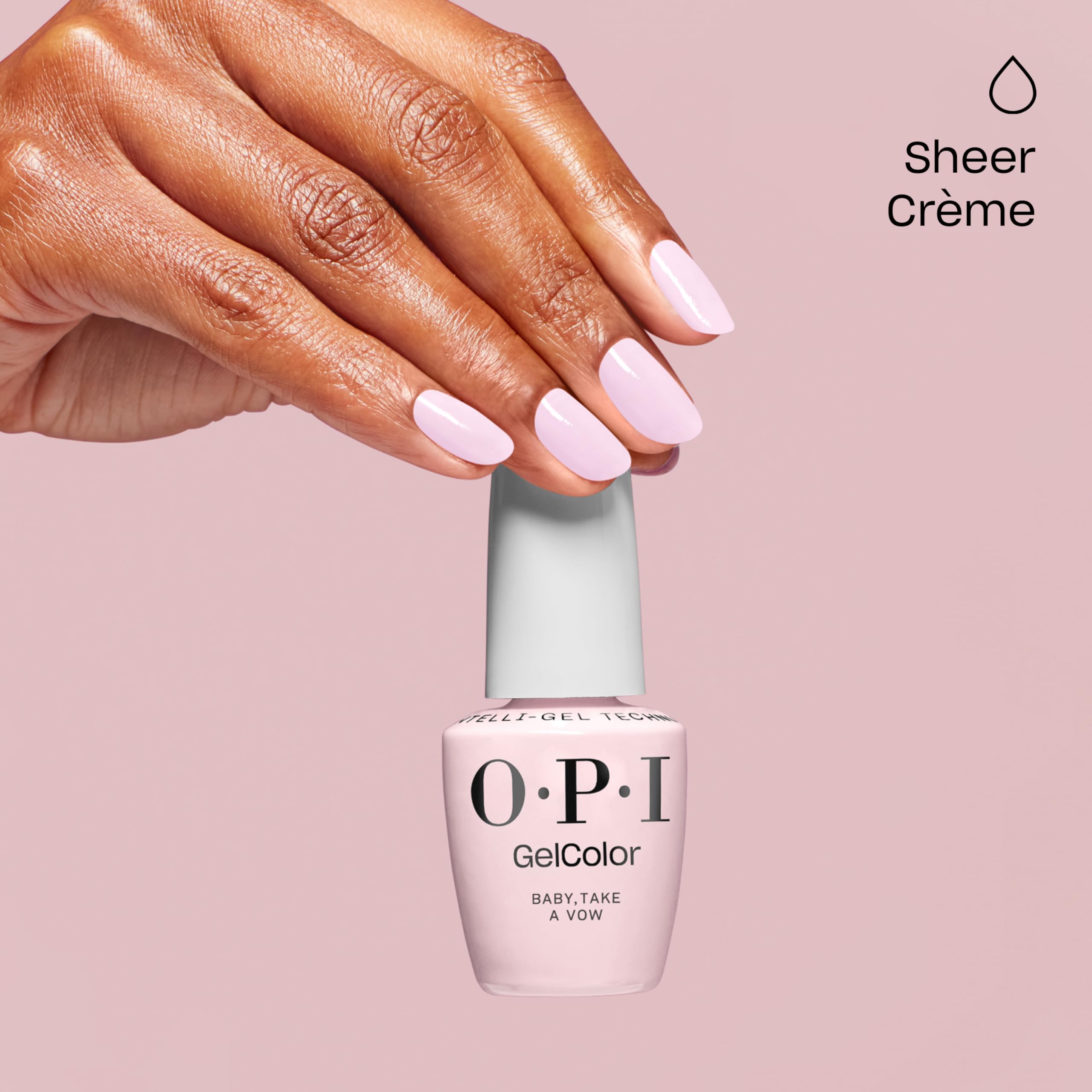 OPI GelColor Baby Take a Vow glossy finish on fingertips signals salon-quality shine.