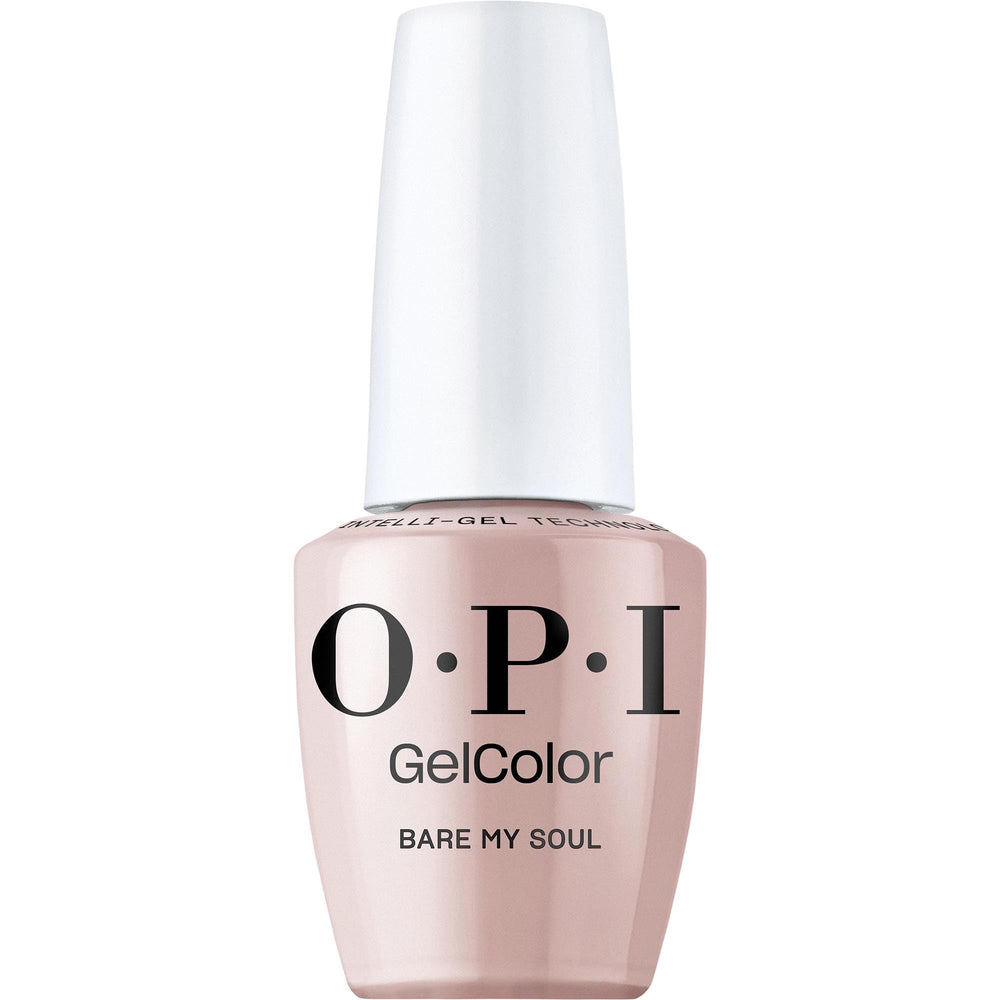 OPI GelColor Bare My Soul bottle close-up shows glossy nude finish.