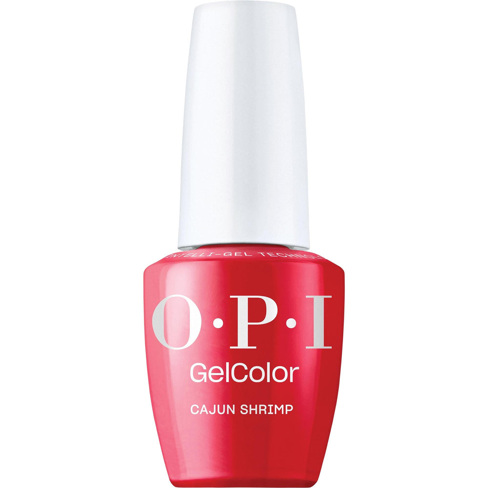 OPI GelColor Cajun Shrimp bottle closeup showing a vibrant coral red shade for salon wear