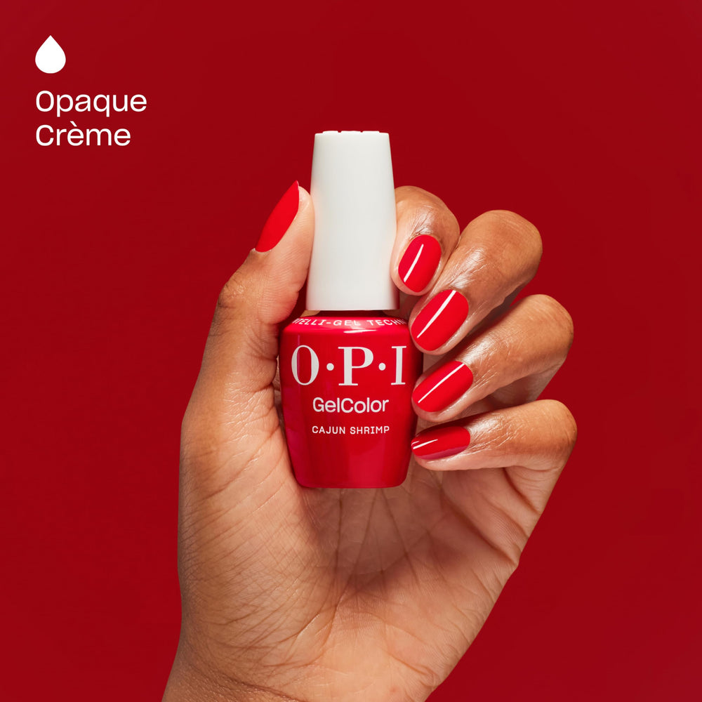 OPI GelColor Cajun Shrimp nails during application for long-lasting color