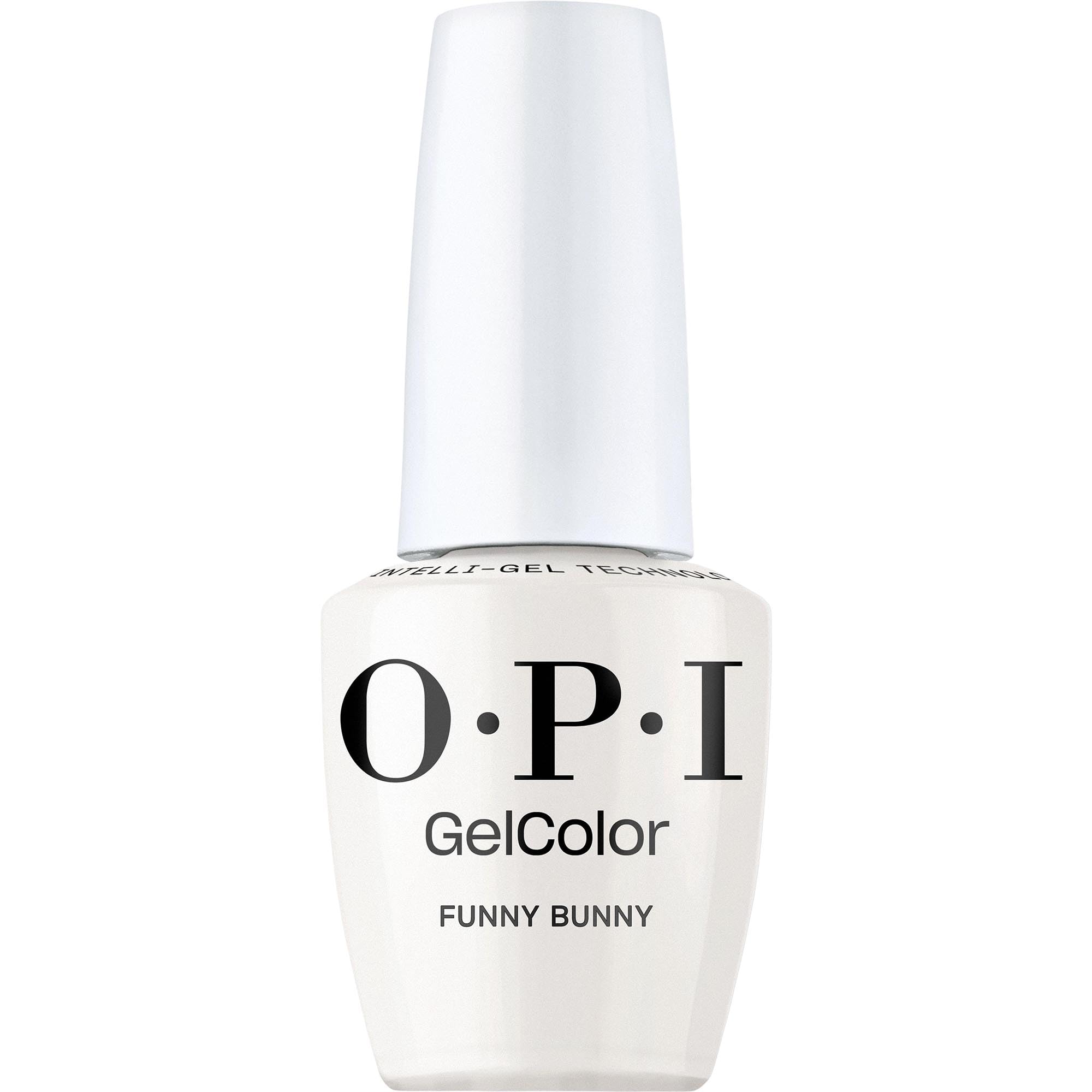 OPI GelColor Funny Bunny soft white creme bottle shows long-lasting shine.