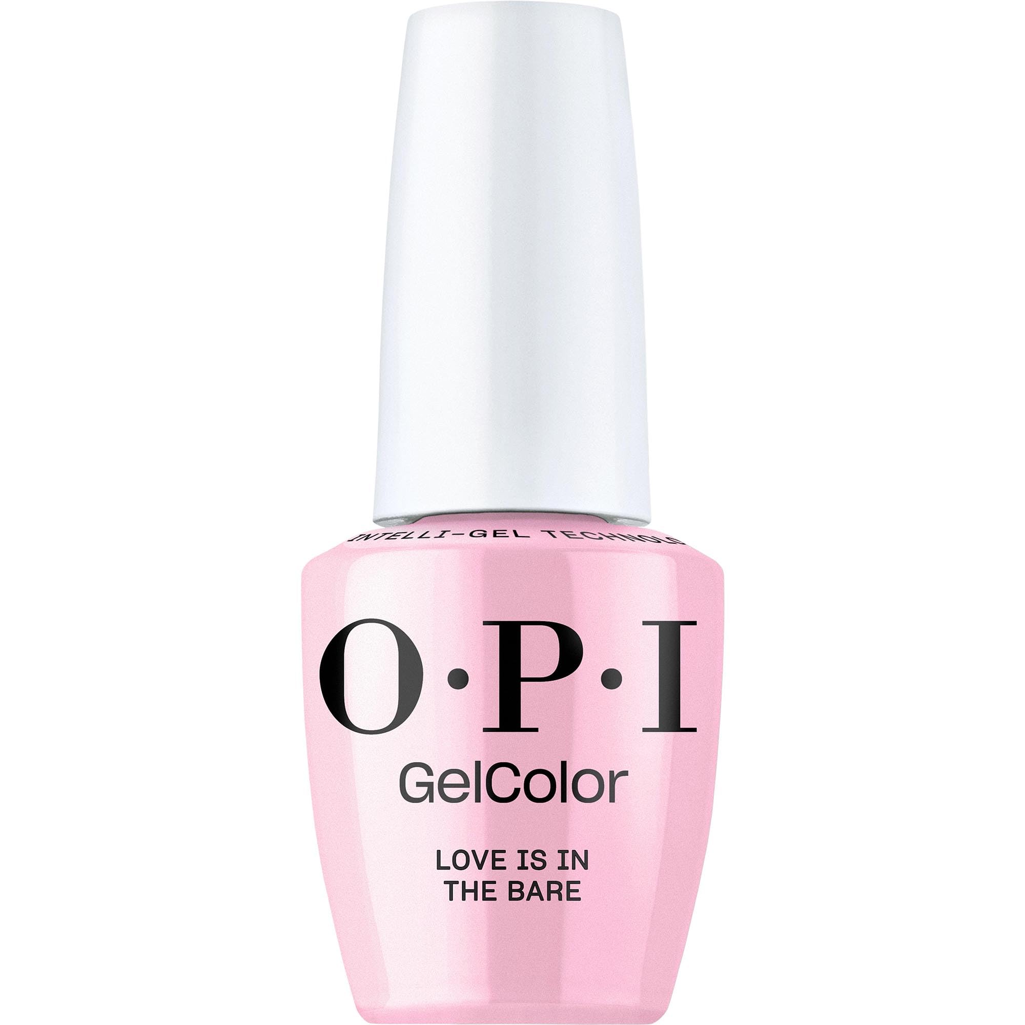 OPI GelColor Love Is in the Bare bottle with pink swatch showing sheer, romantic color.