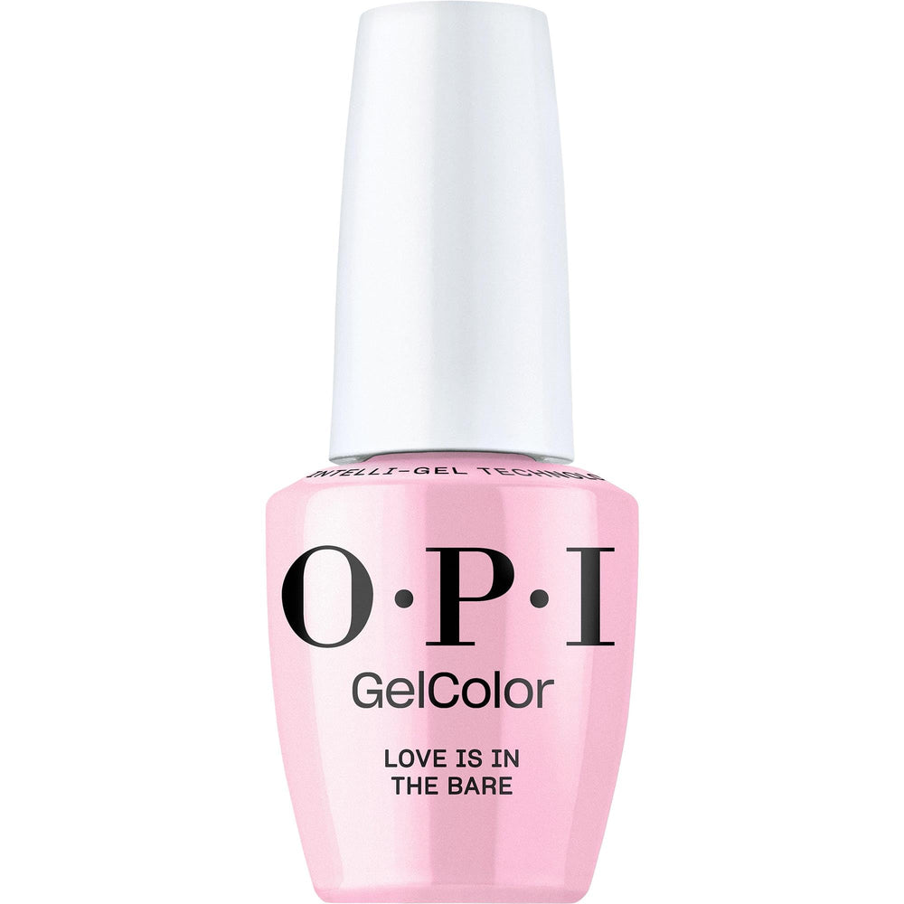 OPI GelColor Love Is in the Bare bottle with pink swatch showing sheer, romantic color.