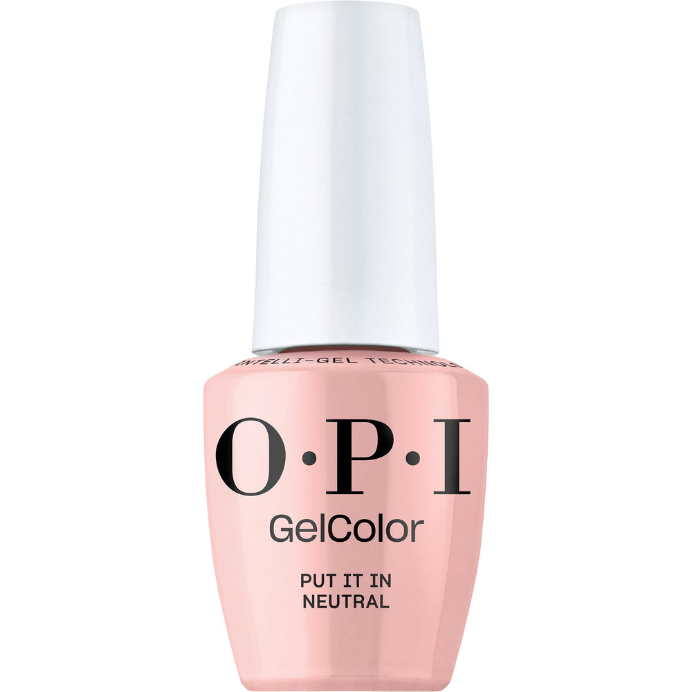 OPI GelColor Put It in Neutral bottle-front view showcases a soft nude shade for lasting elegance.