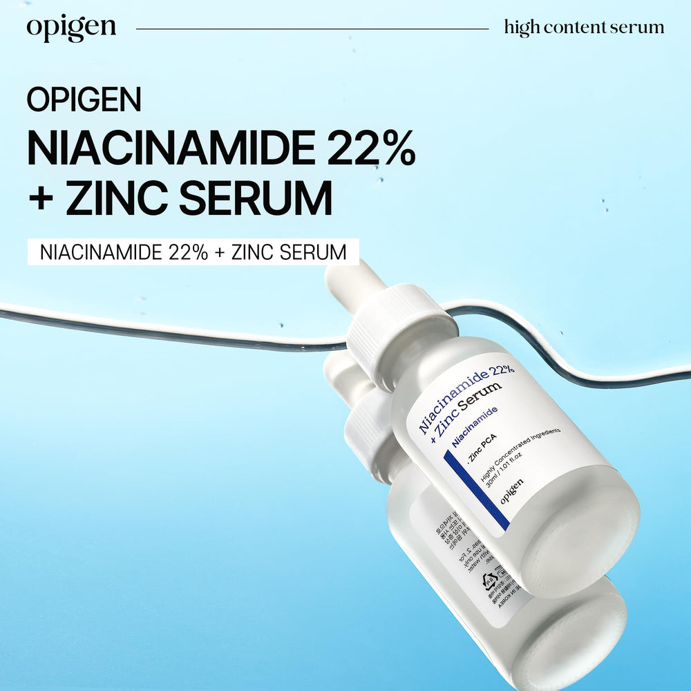 Opigen Niacinamide 22 percent serum label close up highlights zinc and pore care