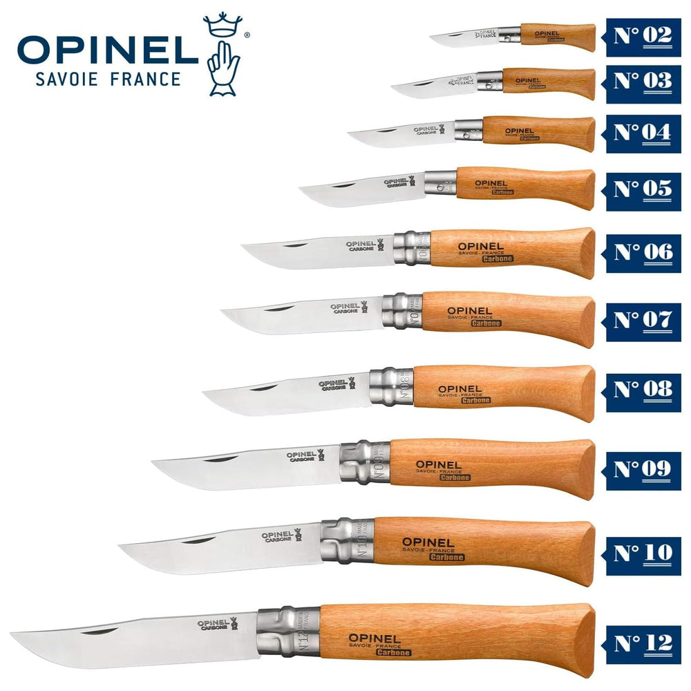 Opinel No. 08 Carbone blade open, showing the edge for quick tasks.
