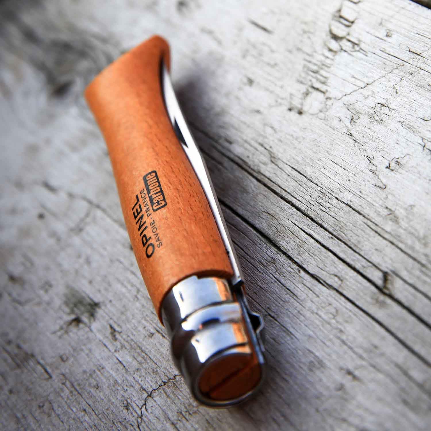 Opinel No. 08 Carbone with Virobloc ring locked for safe transport.