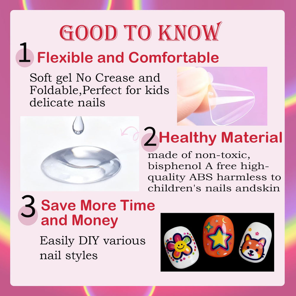 OPkssnails clear full cover kid nails showing safe, long lasting designs