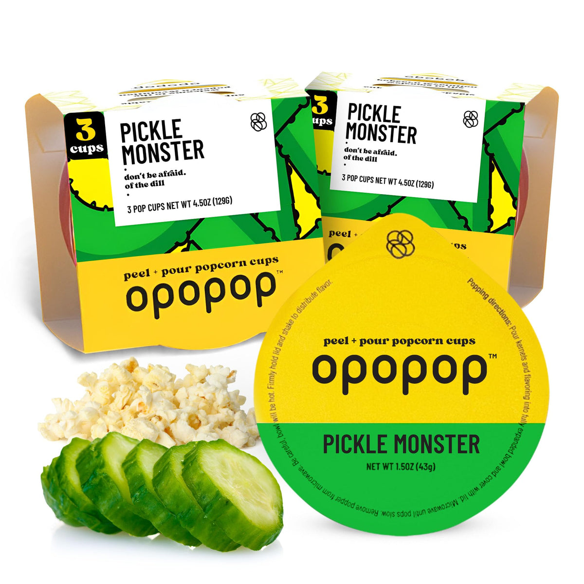 OPOPOP Pickle Monster pop cups 6-pack ready for quick snacking.