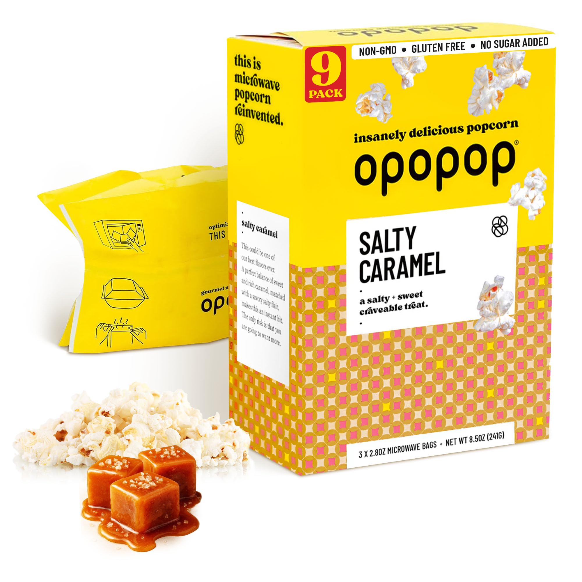 Opopop salty caramel popcorn bags ready for quick movie night snacking.