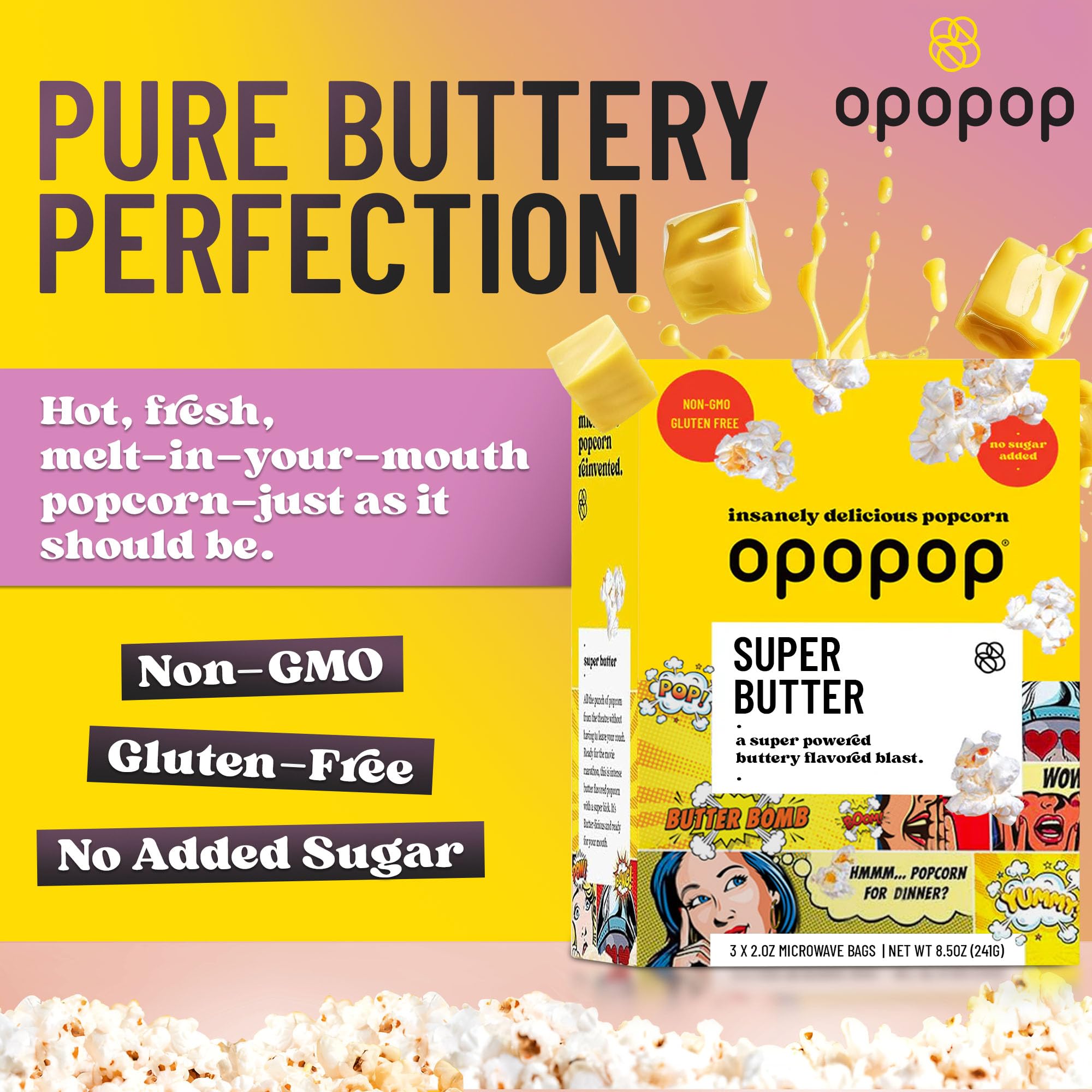 Opopop butter popcorn bag popping in microwave releasing savory aroma