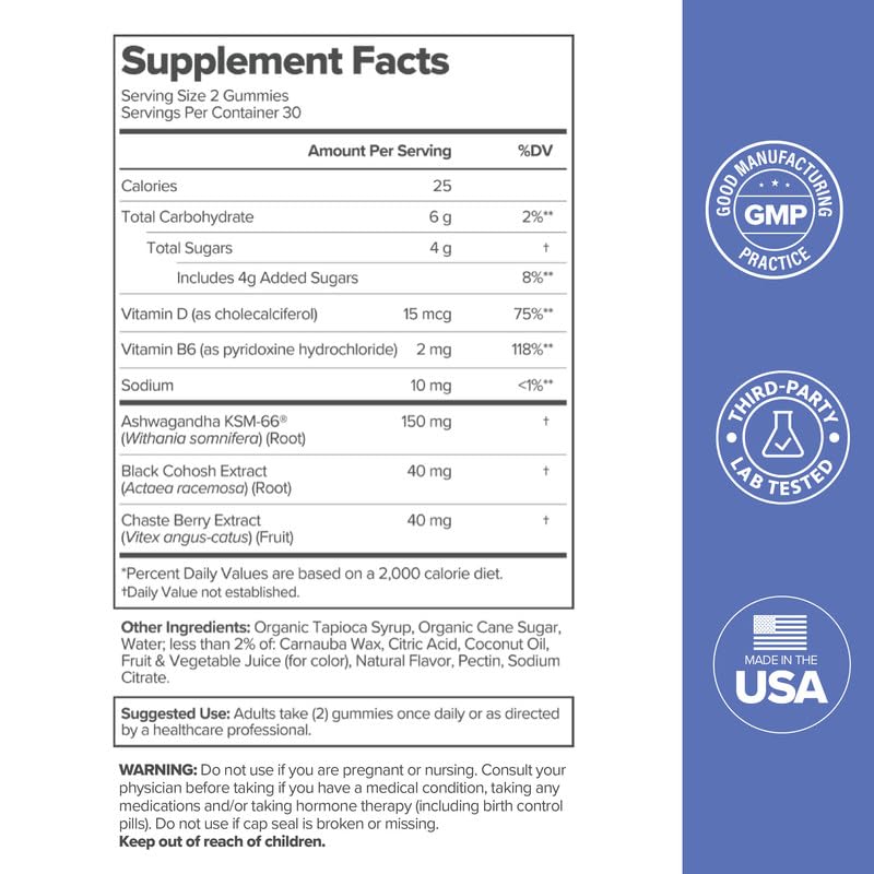 O Positiv MENO ingredients chart highlighting black cohosh and ashwagandha